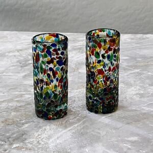Hand Blown Shot Glasses 4" Set of 2 Mexican Confetti Colorful
